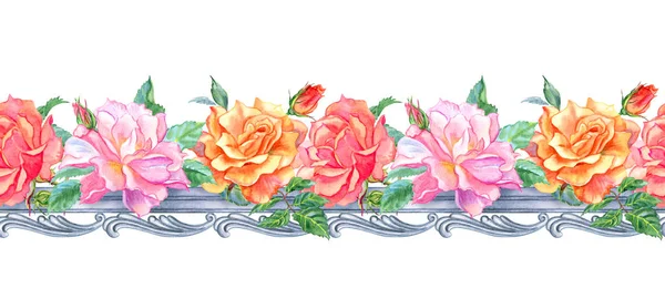 Seamless border of roses and a baroque pattern, watercolor drawing.