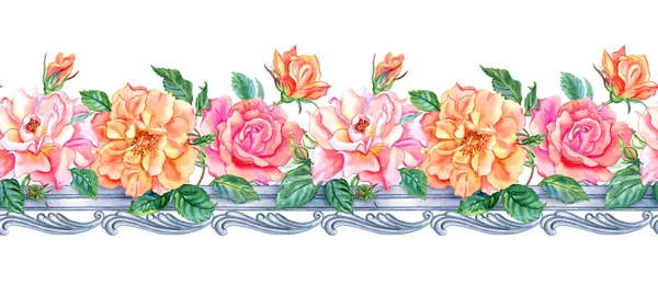 Seamless border of roses and a baroque pattern, watercolor drawing.