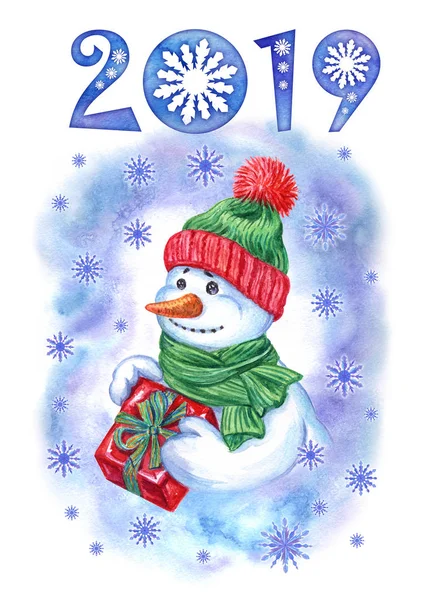 Snowman in a hat with a gift in his hands and in a frame of snowflakes and the inscription \