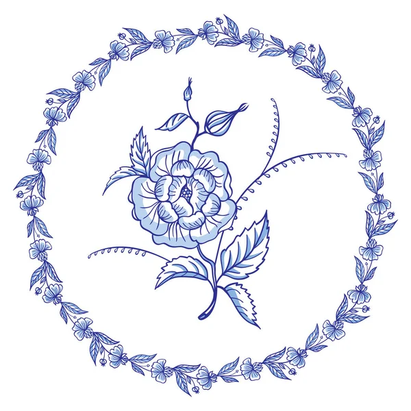 Bouquet Fleurs Bleues Dans Cadre Rond Ornement Décoratif Ornement Stylisé — Image vectorielle