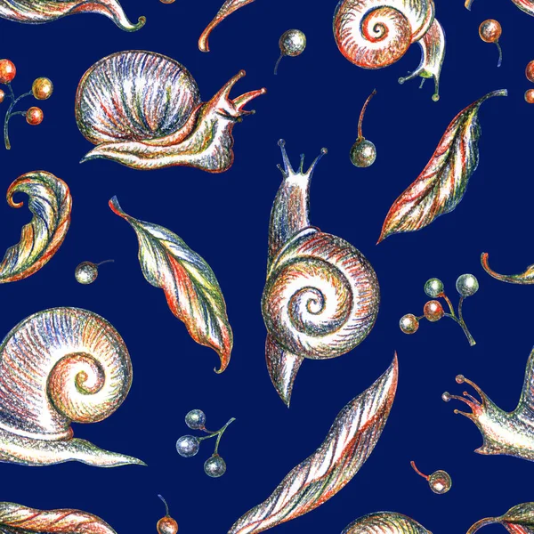 Seamless pattern of snails, grape leaves and berries on a blue background, hand drawing.