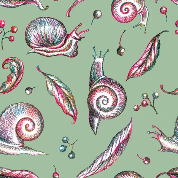 Seamless pattern of snails, grape leaves and berries on a light green background, hand drawing.