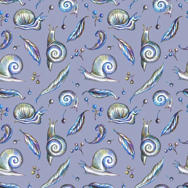 Seamless pattern of snails, grape leaves and berries on a purple background, hand drawing.