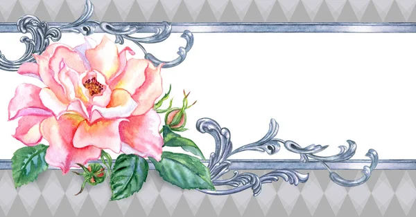 Блідо Рожева Троянда Срібний Візерунок Бароковий Фон Запрошень Вітальних Листівок — стокове фото