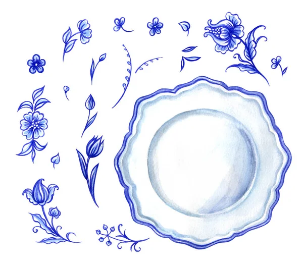Set Aus Blumenmuster Und Teller Aquarellmalerei Auf Weißem Hintergrund Isoliert — Stockfoto