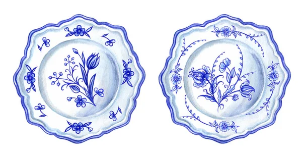 Twee Platen Met Blauw Bloemmotief Aquarel Tekenen Witte Achtergrond Geïsoleerd — Stockfoto