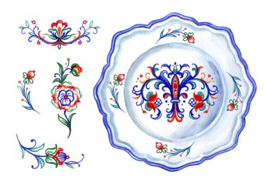 Plakalar ve halk tarzı, izole, beyaz arka plan üzerinde çizim suluboya desenleri kümesi.