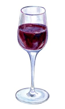 Bardak kırmızı şarap, suluboya illüstrasyon izole kırpma yoluyla beyaz zemin üzerine.