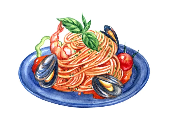 プレート クリッピング パスで分離された絵画水彩画のシーフード スパゲティ イタリア料理 パスタ 手描き — ストック写真