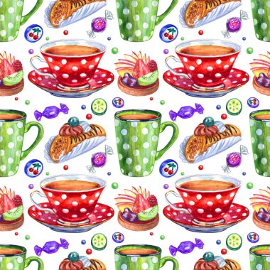 Bardak bezelye, kek ve çikolata beyaz bir arka planda kesintisiz suluboya desen.