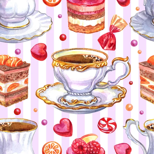 Seamless Watercolor Pattern Ancient Cups Cakes Sweets Striped Background — Stock Photo, Image