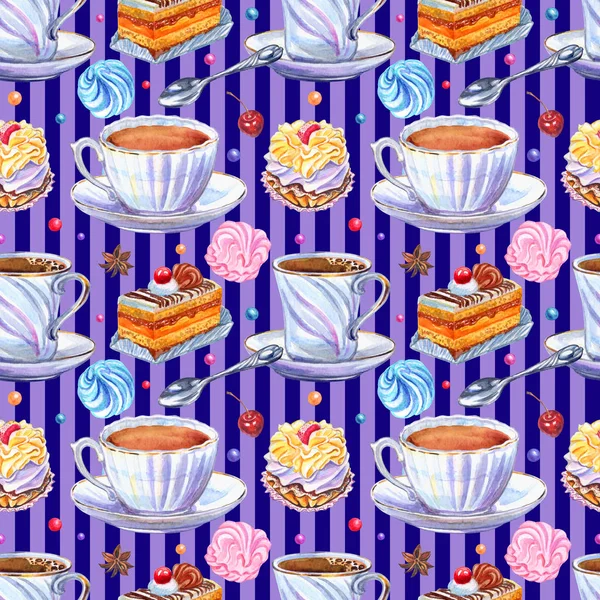 Nahtloses Muster Von Tassen Und Süßigkeiten Auf Gestreiftem Hintergrund Aquarell — Stockfoto