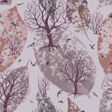 Ağaçlar ve yaprakları kahverengi-gri tonlarında bir arka plan üzerinde kuş silhouettes Dikişsiz desen. Kumaşlar, modaya uygun renk kombinasyonu kökenden parmak izi.