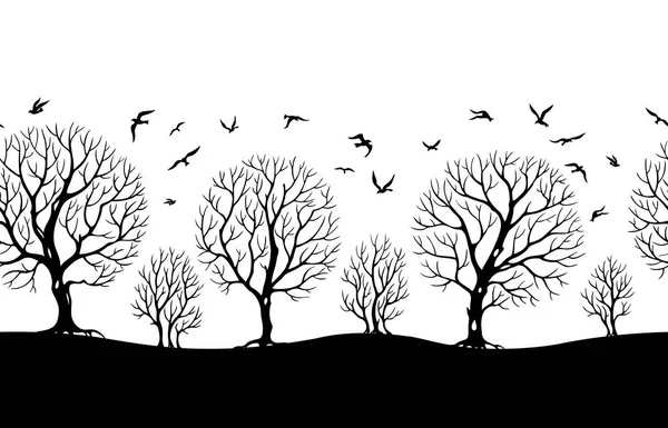 Seamless Border Trees Birds Vector Black White Illustration Print Landscape — Stock Vector