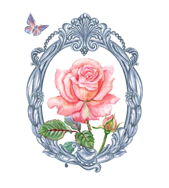 Roze Roos Zilver Ovale Barok Frame Aquarel Schilderen Witte Achtergrond — Stockfoto