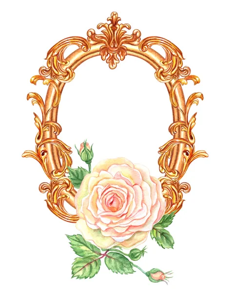 Delikátní Růže Zlaté Oválné Barokní Rám Akvarel Malba Bílém Pozadí — Stock fotografie