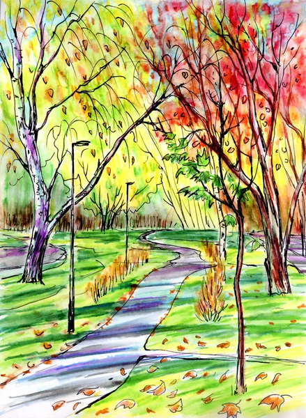 Paysage Boulevard Automne Avec Une Passerelle Des Arbres Croquis Aquarelle — Photo