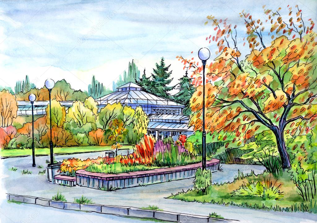 Park with a greenhouse, sketch, watercolor drawing. Landscape of the Botanical Garden in the fall in Moscow.