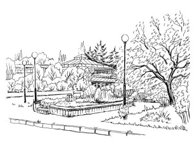 Orangery park, siyah ve beyaz vektör çizim, peyzaj.