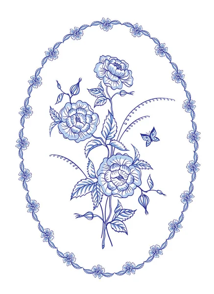 Boeket Van Prachtige Fantastische Bloemen Een Oval Frame Blauwe Patroon — Stockvector