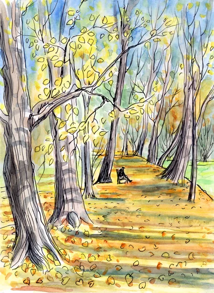秋の公園 黄金色の秋 落ち葉 水彩スケッチ イラストのベンチの風景 — ストック写真