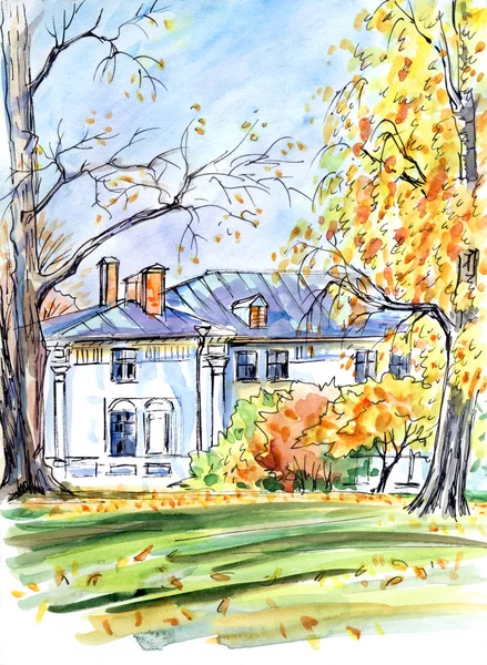 秋の公園 黄金色の秋 落ち葉 水彩スケッチ イラストの白い家のある風景します イズマイロボ公園 世紀の救貧院の古代建物 — ストック写真