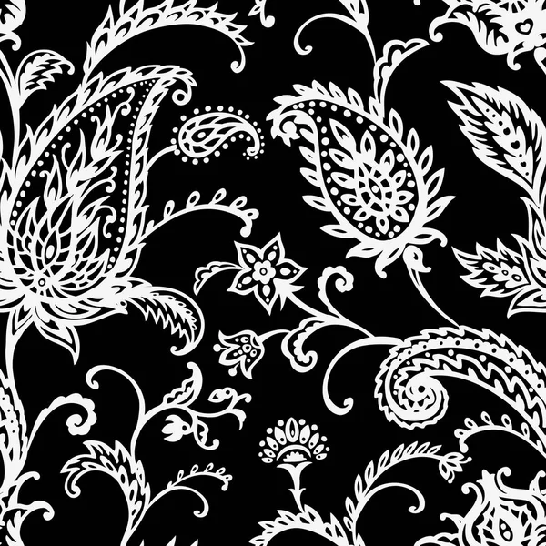Paisley Seamless Pattern Black Background Oriental Pattern Black White Vector — Stock Vector