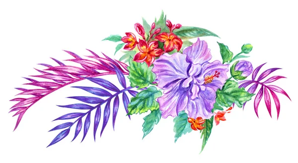 Boeket Van Tropische Bloemen Van Frangipani Hibiscus Palm Bladeren Aquarel — Stockfoto