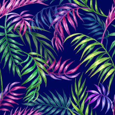 Palmiye seamless modeli koyu mavi bir arka plan üzerinde suluboya resim bırakır. Çiçek tropikal kumaş, çeşitli tasarımlar için arka plan için yazdırma.