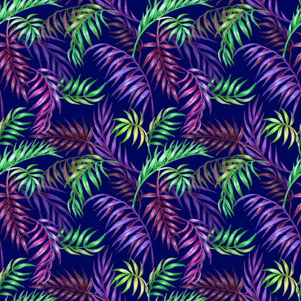 Naadloze Patroon Van Palm Bladeren Een Donker Blauwe Achtergrond Aquarel — Stockfoto