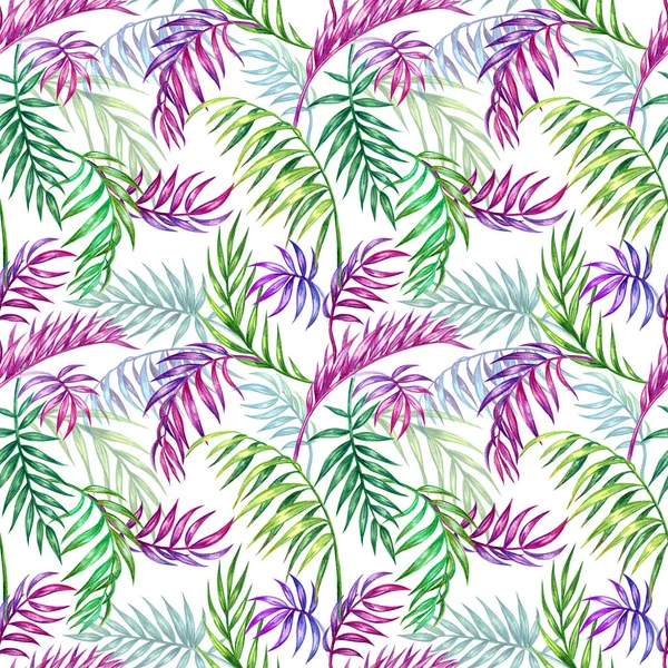 Jednolity Wzór Palmowych Liści Białym Tle Akwarela Ilustracja Kwiatowy Tropical — Zdjęcie stockowe