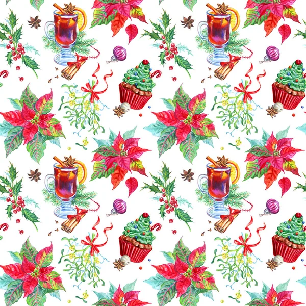 Nahtloses Muster Von Weihnachtsartikeln Glühwein Weihnachtsstern Mistel Weihnachtskuchen Auf Weißem — Stockfoto