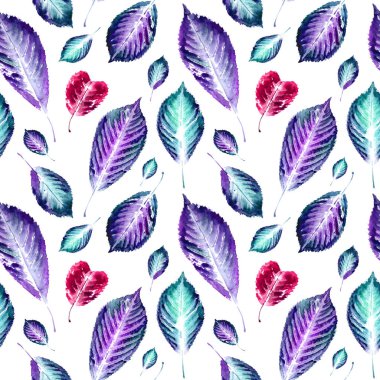 Seamless modeli sonbahar yaprakları ve yaprakları kalpler, beyaz bir arka plan üzerinde boyama suluboya şeklinde iz. Günü Sevgililer ve diğer tasarımları ile tebrik kartı için arka plan.