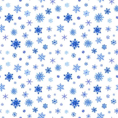 Kar taneleri seamless modeli, beyaz arka plan üzerinde boyama suluboya