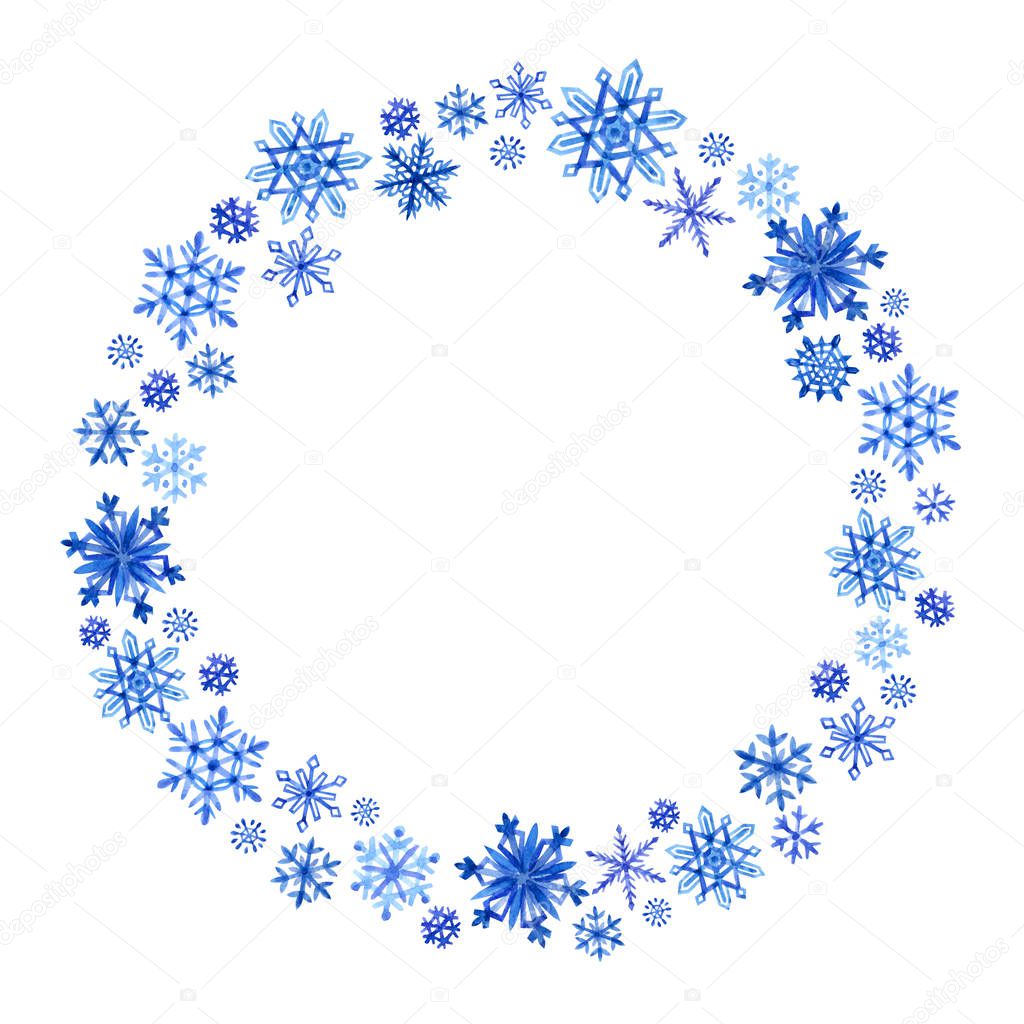 Round frame of snowflakes, watercolor painting on white background isolated