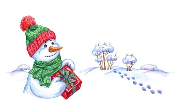 Снеговик Шляпе Шарфе Подарком Фоне Зимнего Пейзажа Сугробами Кустами Акварель — стоковое фото