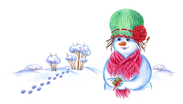 Снеговик Шляпе Шарфе Подарком Фоне Зимнего Пейзажа Снежными Заносами Кустами — стоковое фото