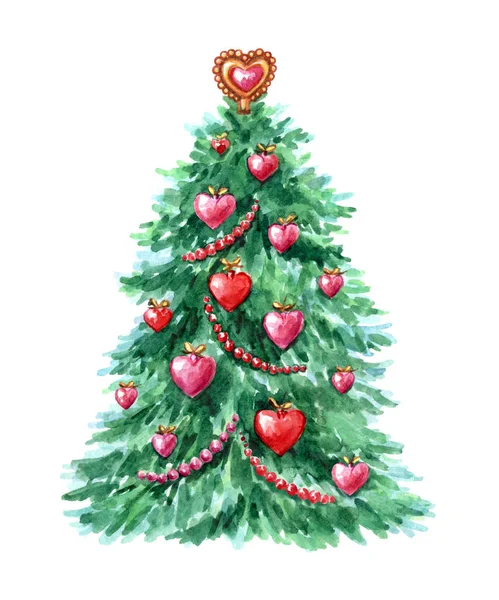 Árbol Navidad Con Decoraciones Forma Corazones Acuarela Pintura Sobre Fondo — Foto de Stock