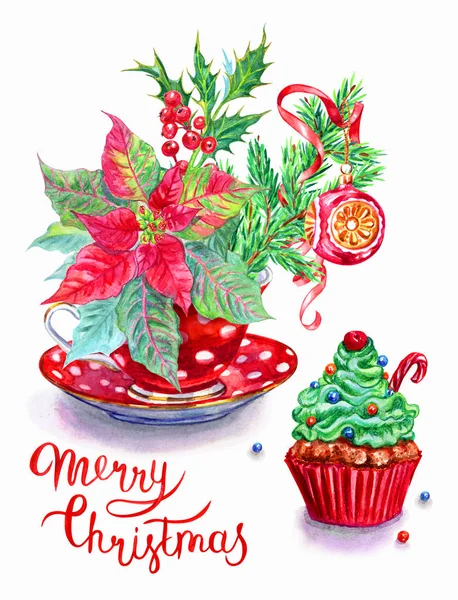 Tarjeta Navidad Con Ramo Navidad Ramas Árbol Año Nuevo Poinsettia — Foto de Stock