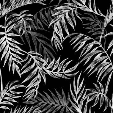 Dikişsiz siyah-beyaz desen palmiye yaprakları, tropikal arka plan, el çizimi