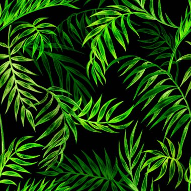 Seamless modeli yeşil palmiye yaprakları bir siyah arka plan, suluboya resim, tropikal arka plan, el çizimi.