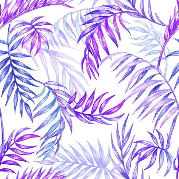 Bezproblémové Vzor Fialové Palm Listy Černém Pozadí Akvarel Ilustrace Tropické — Stock fotografie