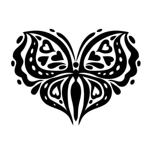 Corazones Estilo Tatuaje Forma Mariposas Estilizadas Ilustración Vectores Blanco Negro — Vector de stock