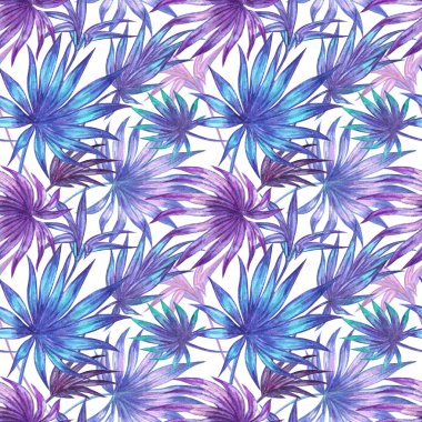 Mavi Dikişsiz desen bir siyah arka plan suluboya resim tarihinde bir fan palmiye yaprakları.