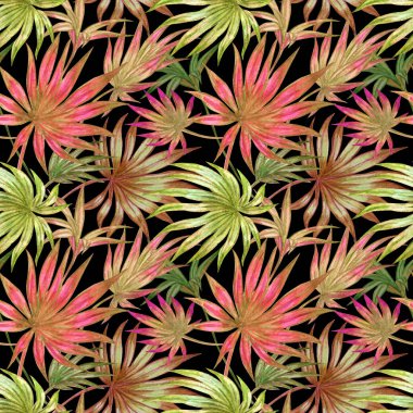 Bir siyah arka plan suluboya resim tarihinde seamless modeli palmiye yaprakları.