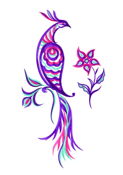 Fantastic bird and flower, floral paisley-style ornament, watercolor painting on white background, isolated with clipping path.