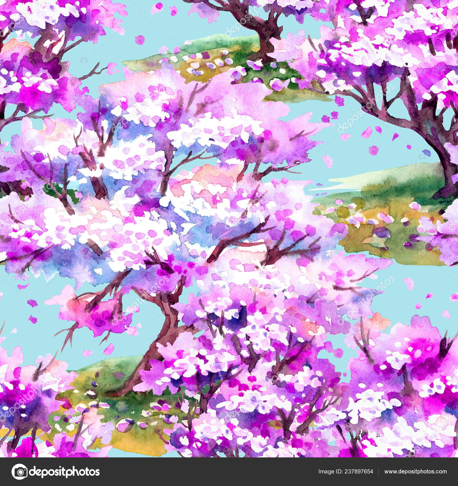 Seamless Pattern Sakura Trees Blue Background Hand Drawing Watercolor Stock Photo Image By C Ollga P 09