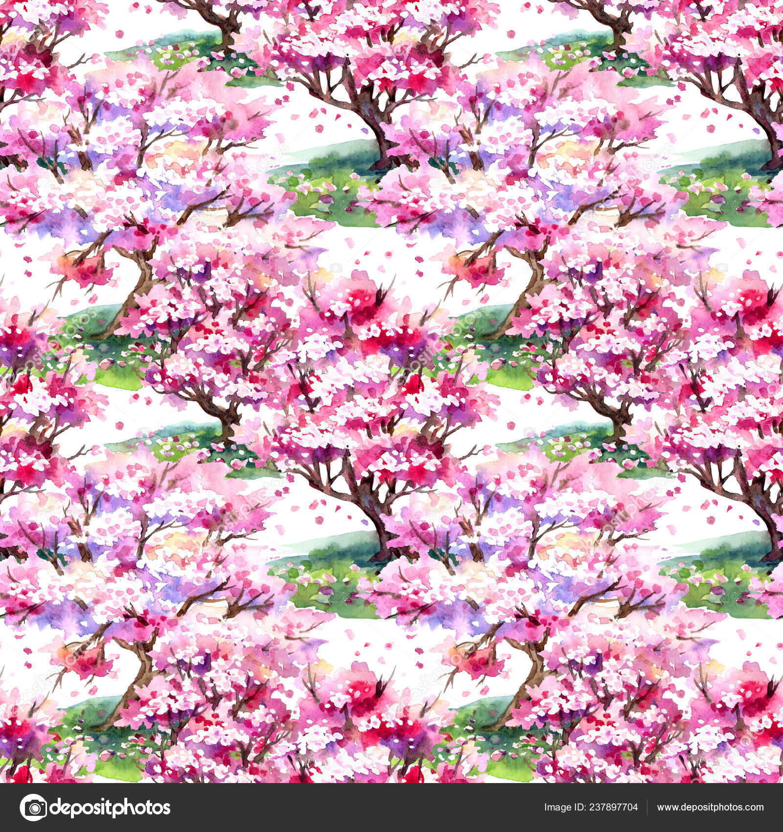 Seamless Spring Pattern Sakura Trees White Background Hand Drawing Watercolor Stock Photo Image By C Ollga P 09