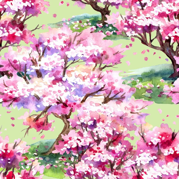 浅草树的无缝的春天样式在淡绿色背景 水彩画 — 图库照片