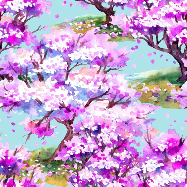 青い背景の手描き水彩の桜のシームレス パターン — ストック写真